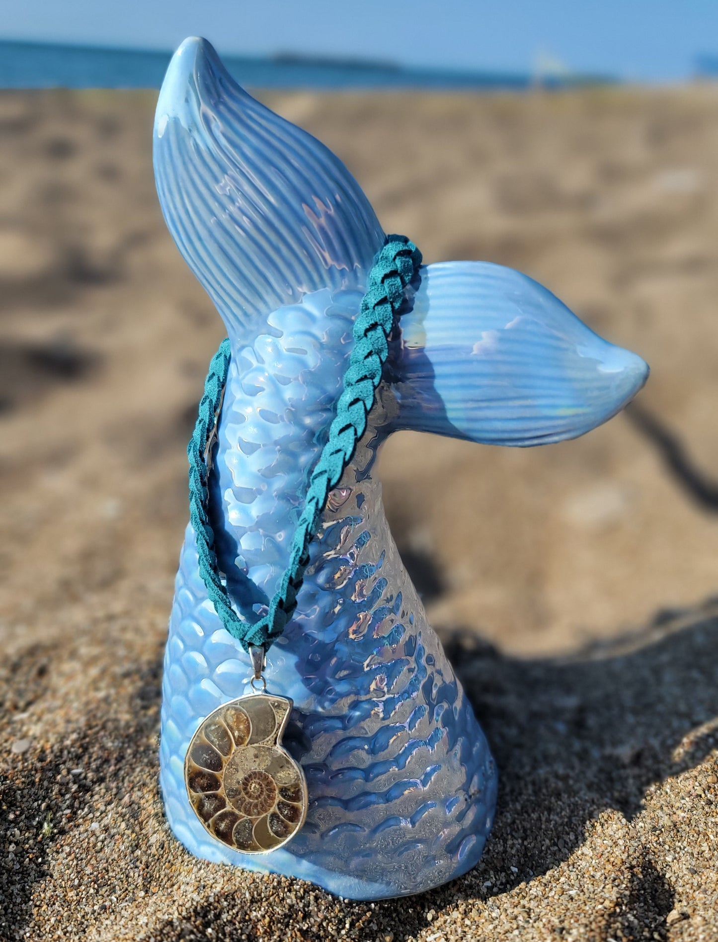 Ammonite pendant with braided vegan leather necklace