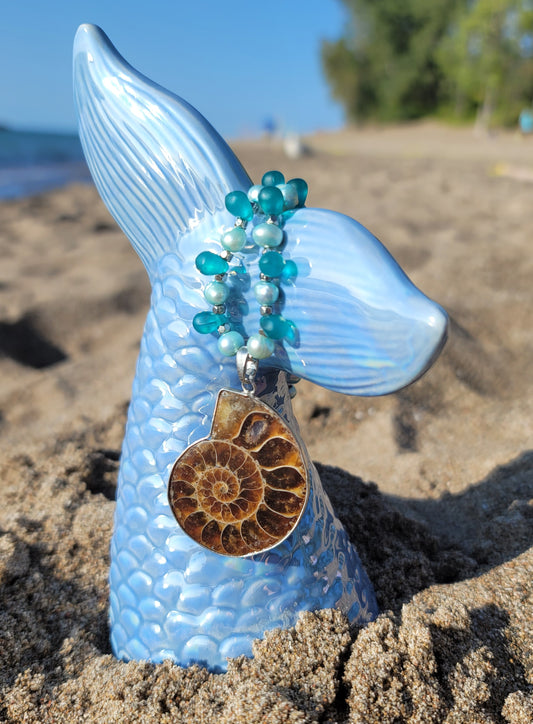 Ammonite pendant necklace with freshwater pearls and sea glass